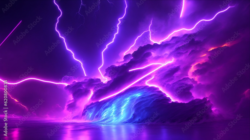 Fototapete technology background: 3d render, abstract lighting in neon lines and waves with vray tracing style 