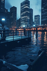Urban marina at night. Inspired by Boston, Massachusetts, USA. Travel, Poster.