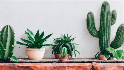 AI Generative of various cactus and succulent plants in different pots. Potted cactus house plants on a concrete shelf against the white wall.