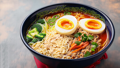 RAMEN NOODLES JAPANESE CHINESE STEW PHOTOGRAPHY WITH COLOR FUL VEGETABLES EGGS MAGGI PASTA SOUP