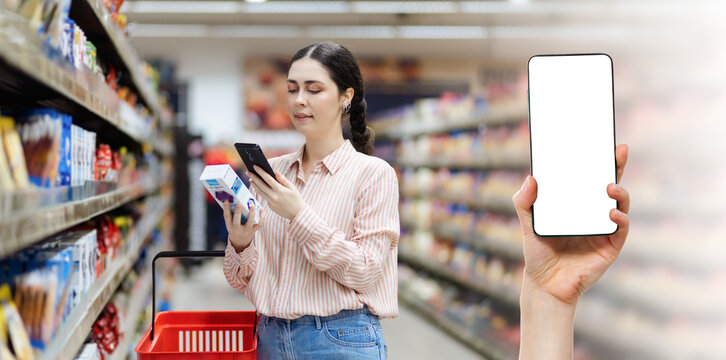 Web banner of online shopping and sales. Smiling caucasian woman scan qr code of product using smartphone. Female hand show smartphone with mock up white screen. Copy space