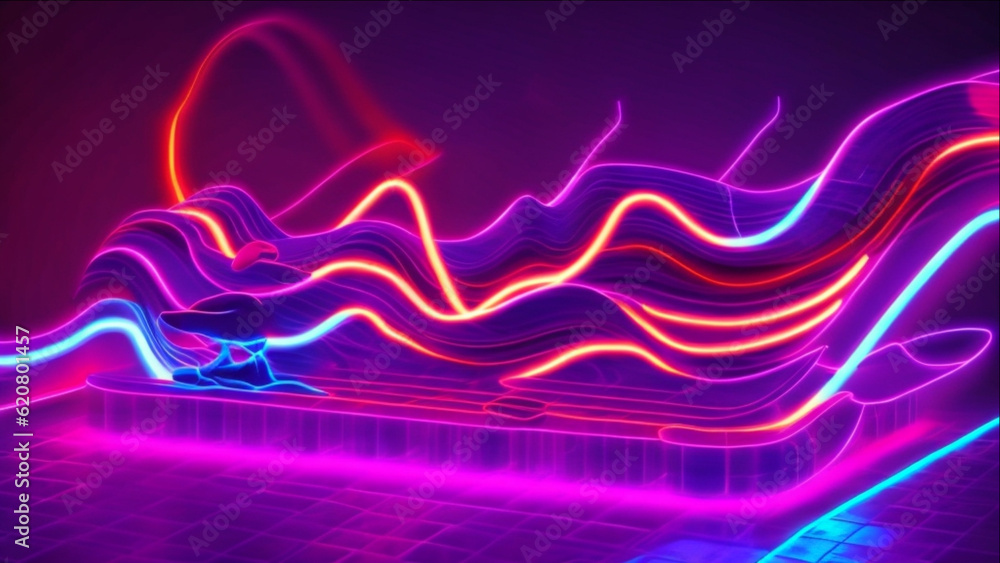 Poster 3d render, abstract background: realistic lighting in neon lines and waves with vray tracing style c