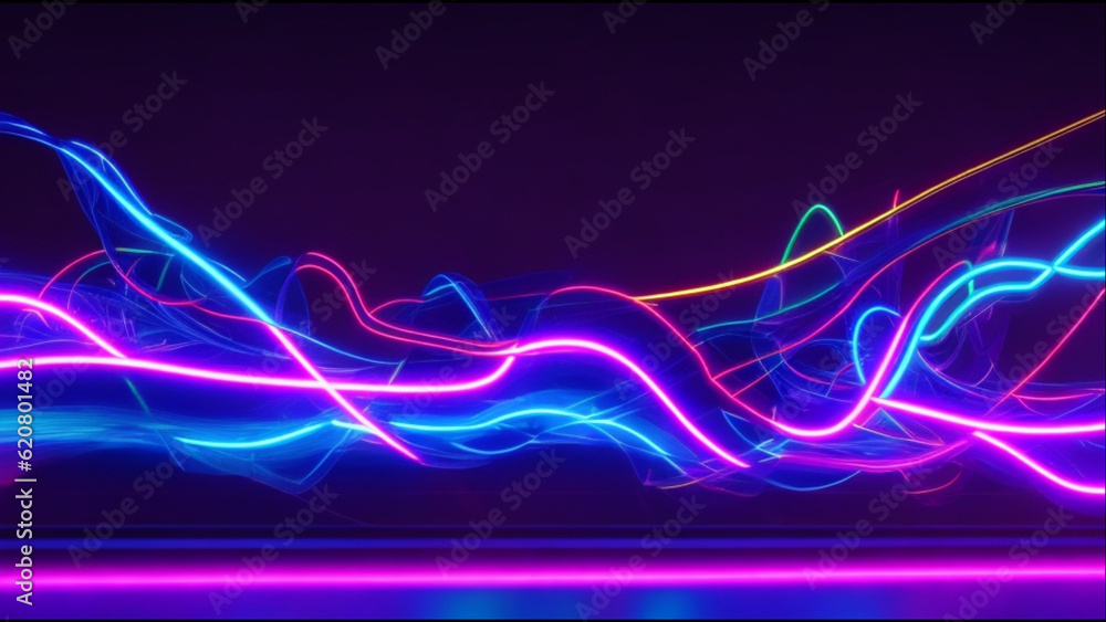 Poster 3d render, abstract background with pink blue neon lines glowing in ultraviolet light, and bokeh lig