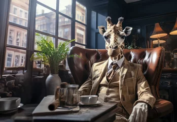 Sierkussen Giraffe human wearing business suits sitting on chair, realistic, cinematic sun light scene , Generative Ai © Zatiago