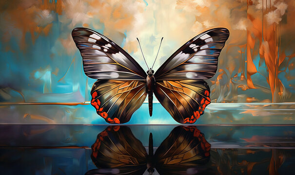  a painting of a butterfly with its wings spread out and reflecting in the water.  generative ai