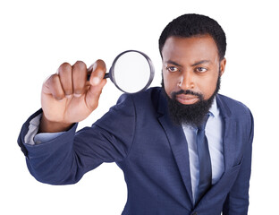 Business, corporate and black man with magnifying glass in hand for inspection. Serious person,...