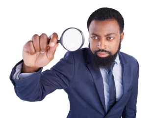 Business, corporate and black man with magnifying glass in hand for inspection. Serious person, inspector and audit with attention, search and investigation isolated on a transparent, png background