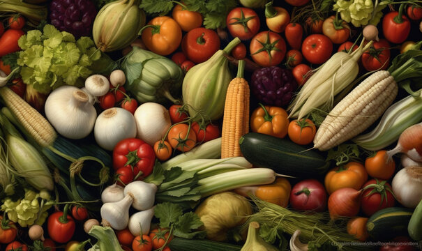  a painting of many different types of vegetables and fruits and vegetables.  generative ai