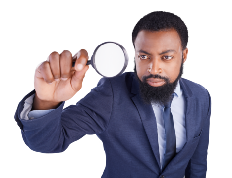 Business, corporate and black man with magnifying glass in hand for inspection. Serious person, inspector and audit with attention, search and investigation isolated on a transparent, png background - Powered by Adobe