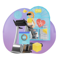 Fitness and Technology Concept - 3D Cartoon Character of a Woman Engaged in Running on Treadmill using Virtual Reality
