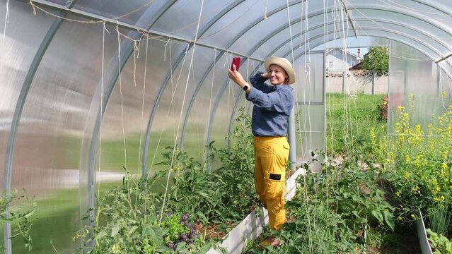 Female gardener taking selfie in greenhouse. Woman in hat taking photoes on smartphone and smile. Woman  taking picture  kitchen plant.
