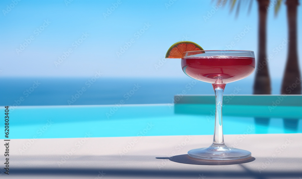 Poster a glass of wine sitting next to a pool with a slice of orange. generative ai