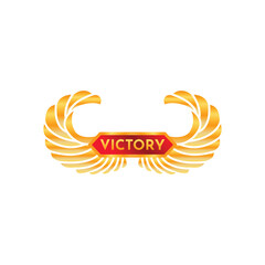 Angel golden victory wings, game award vector badge, level up achievement reward, metal emblem