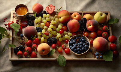  a wooden tray filled with lots of different types of fruit.  generative ai