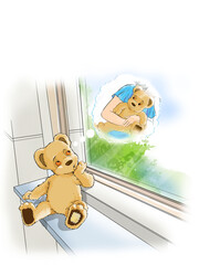 cute bear daydream in front of window, cartoon illustration