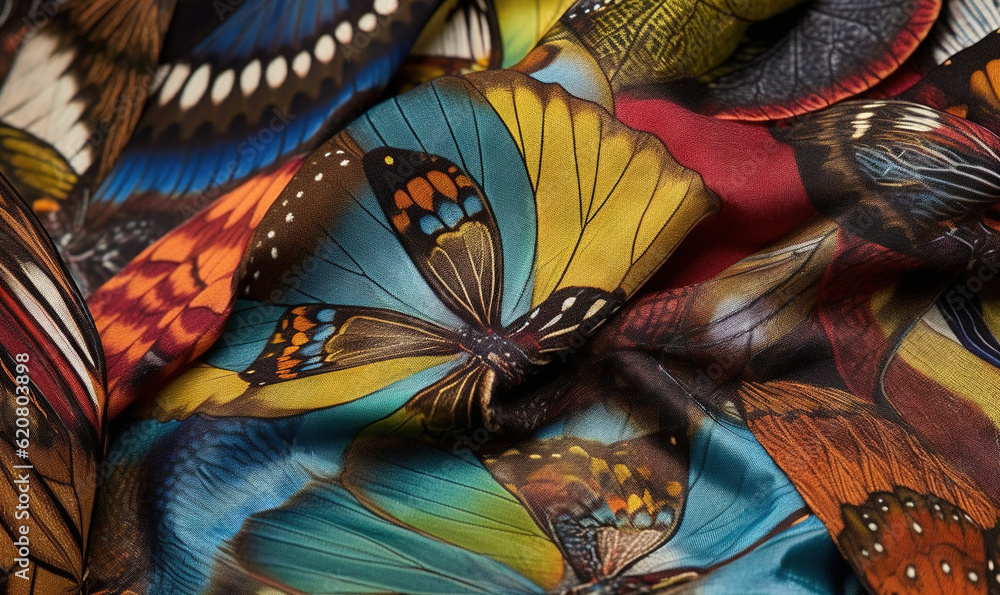 Poster a close up of a colorful butterfly print fabric with many colors. generative ai