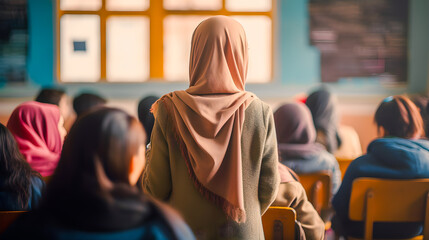 Young islam girl with hijab standing in school class room, Generative AI.
