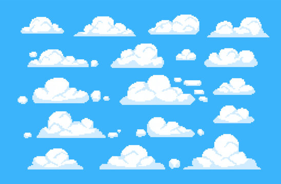 Pixel cloud. Game animation 8bit sky, digital cloudy retro scene, flying white computer clouds on blue sky, 16-bit gamification concept, pixels elements. Vector set