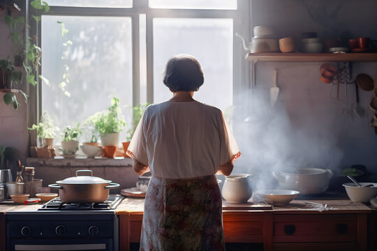 Old women cooking in kitchen, morning sun light, Generative AI.