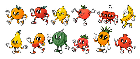 Cartoon mascot fruit. Retro fruits character with legs and hands, cute face expression. Walking orange, running apple, staying watermelon, happy banana. Vector set