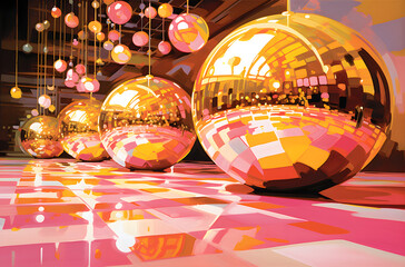 Fototapeta na wymiar Golden Disco balls with the pink floor, AI GENERATIVE