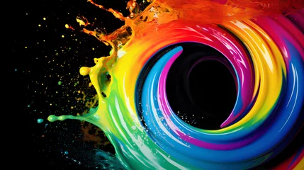 Deurstickers Fractale golven a colorful swirl of paint on black background - generative AI