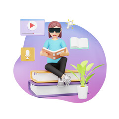 Technology and Literature Concept - 3D Cartoon Character of a Woman Engaged in Reading Books with VR Glasses in a Digital Environment