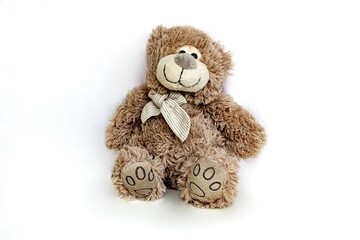 Lovely brown bear doll isolated on white background. Adorable teddy bear for decorative.