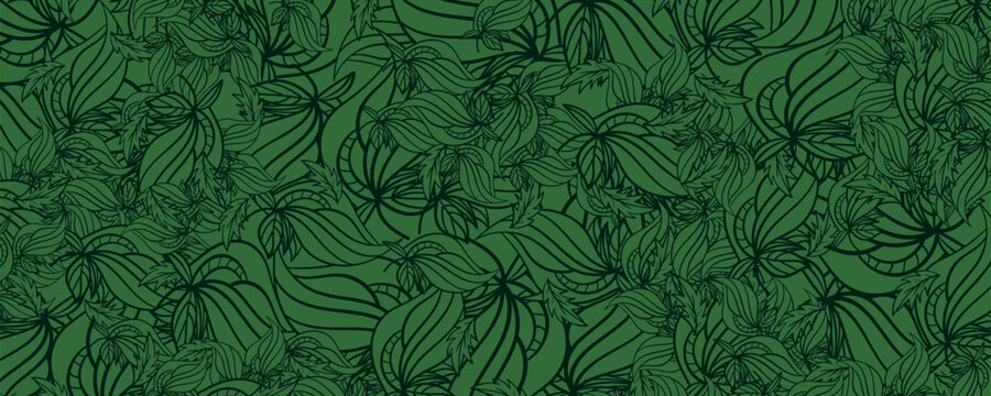 dark green pattern with hand drawn tropical flowers. Vector illustration.