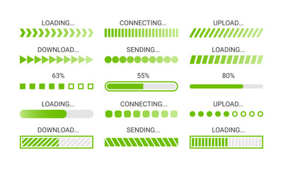 Loading bar. Green download progress loader, buffer status UI elements. Upload, download and sending speed indicators, time loading screen vector icons
