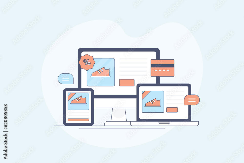Poster cross device ecommerce application, online shopping website of multiple digital screens. internet ba