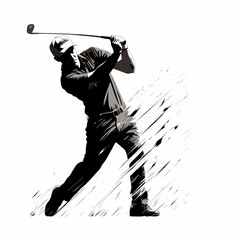 Silhouette of golf player hitting ball, black and white outline, AI generated Image