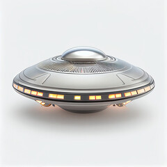 UFO in space.  Round disc-shaped flying saucer UFO with lights isolated on a white background Ai generated image