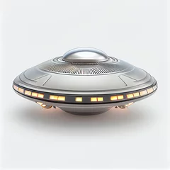 Abwaschbare Fototapete UFO in space.  Round disc-shaped flying saucer UFO with lights isolated on a white background Ai generated image © PixxStudio