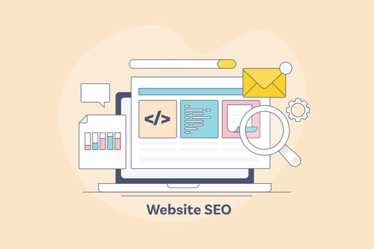 Web development onsite coding programming for search engine optimization, Website seo, web page on laptop screen, analytics and email concept, filled outline vector banner illustration.