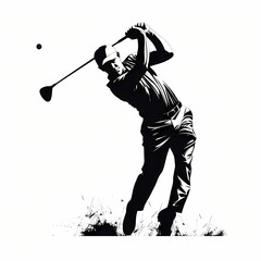 Silhouette of golf player hitting ball, black and white outline, AI generated Image