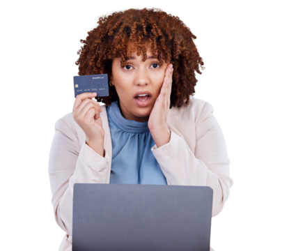 Credit card, laptop and woman stress, surprised or shocked in online shopping scam or fintech payment problem. Portrait of african person for e commerce mistake isolated on transparent png background