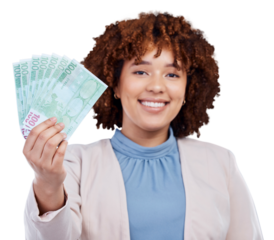 Money fan, portrait and woman or winner for bonus offer, financial success and winning, finance loan or lottery. African business person with cash and profit isolated on a transparent, png background