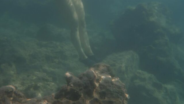 A woman wearing a mask underwater is barely keeping her balance and standing on tiptoes on a large rock.