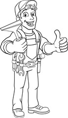 Window cleaning cartoon cleaner mascot man holding a carwash squeegee tool. Giving a thumbs up.