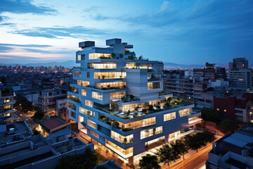 Fototapeta premium A very large white apartment building in a city at night