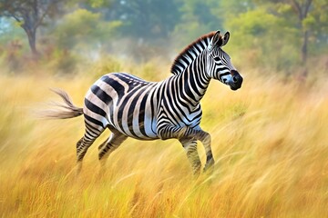 a zebra running in the meadow