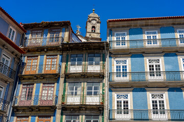 Beautiful colorful building facede in Porto Portugal with azulejo tiles