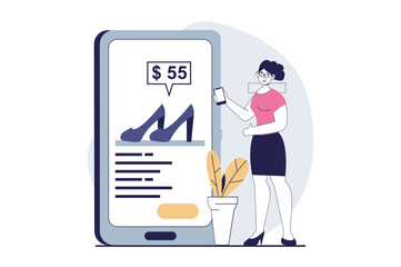 Fototapeta na wymiar Mobile commerce concept with people scene in flat design for web. Woman choosing shoes in online store, making order and paying in app. Vector illustration for social media banner, marketing material.