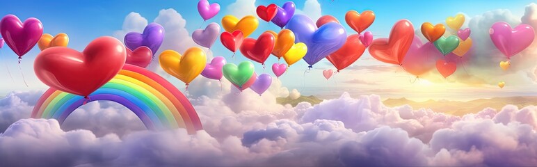 Fototapeta na wymiar rainbow heart shaped balloon floating in the sky, lgbt concept