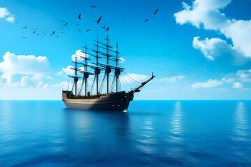 Fototapeta na wymiar A ship in a ocean depicting blue sky with flying birds