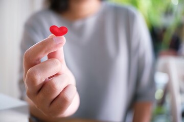 Woman hands making mini Heart and small heart. Valentine Love symbol.