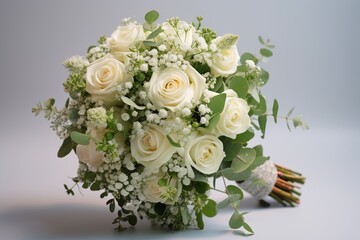 bridal bouquet composed of white roses, baby's breath, and luscious green leaves, symbolizing love and new beginnings