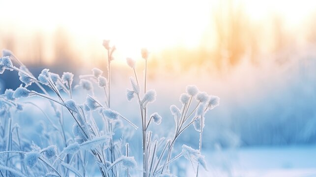 frozen snowy grass - winter background created using generative AI tools