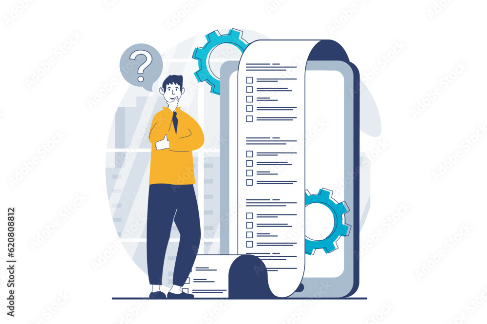 Poster online survey concept with people scene in flat design for web. man thinking and choosing right answ